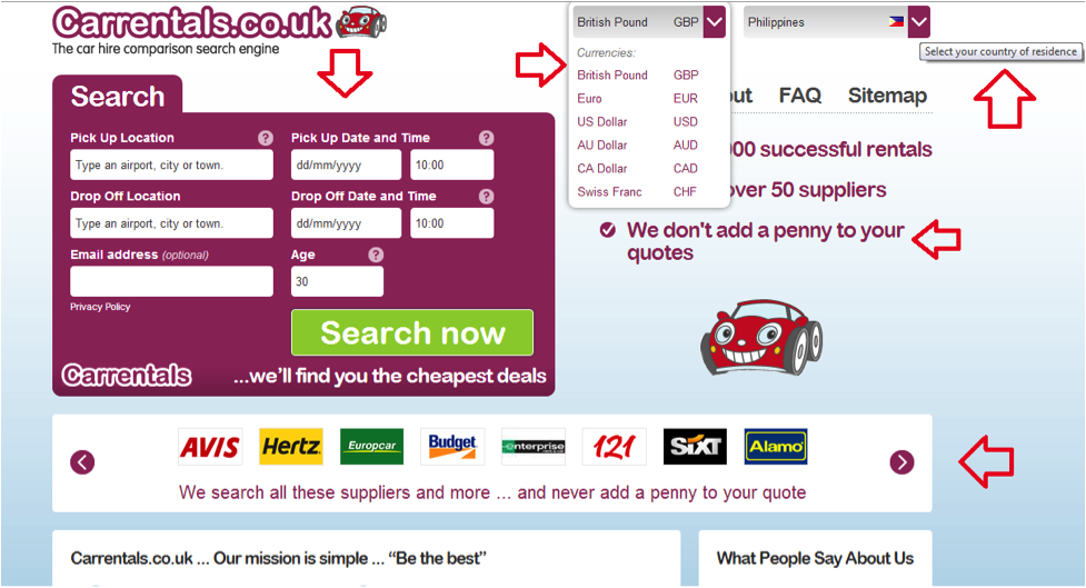 Car rentals home page Car rentals home page