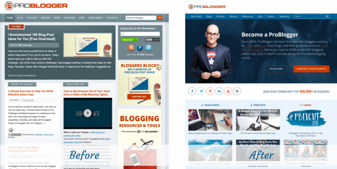 ProBlogger site design before and after