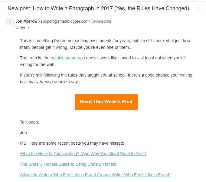 Blog post example of newsletter content